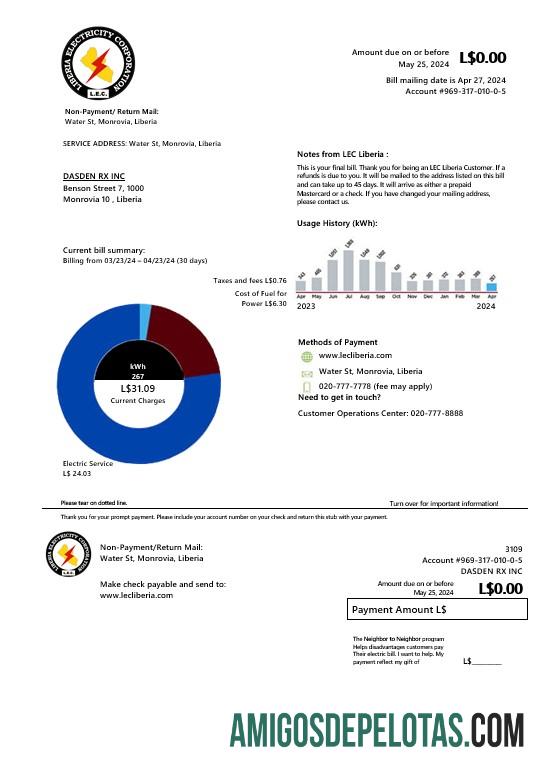imprimível Modelo de conta de serviços públicos da Liberia Electricity Corporation em formatos Word e PDF